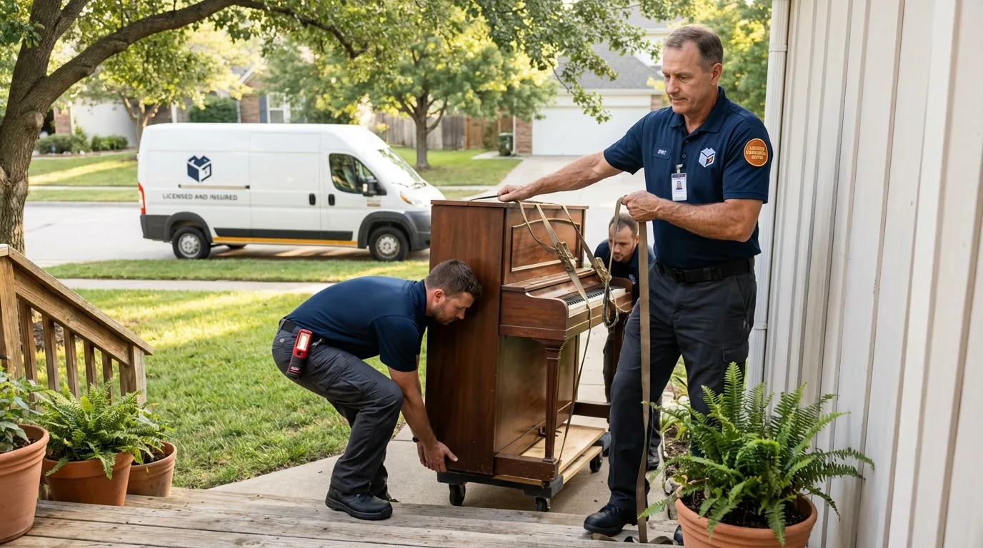 Licensed piano movers securing grand piano in Kinston, NC